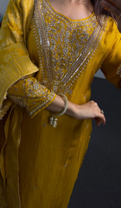 Mustard Zari Dola Silk Kurti Set