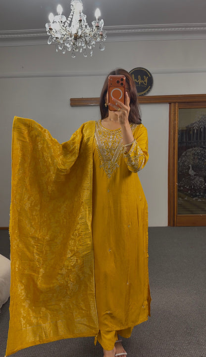 Mustard Zari Dola Silk Kurti Set