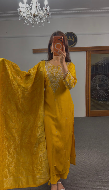 Mustard Zari Dola Silk Kurti Set