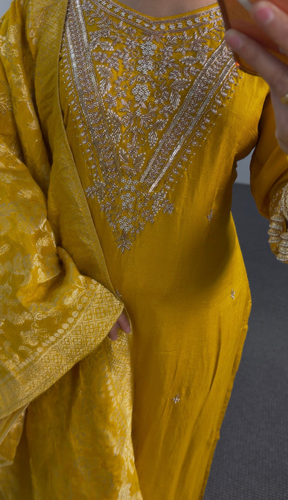 Mustard Zari Dola Silk Kurti Set