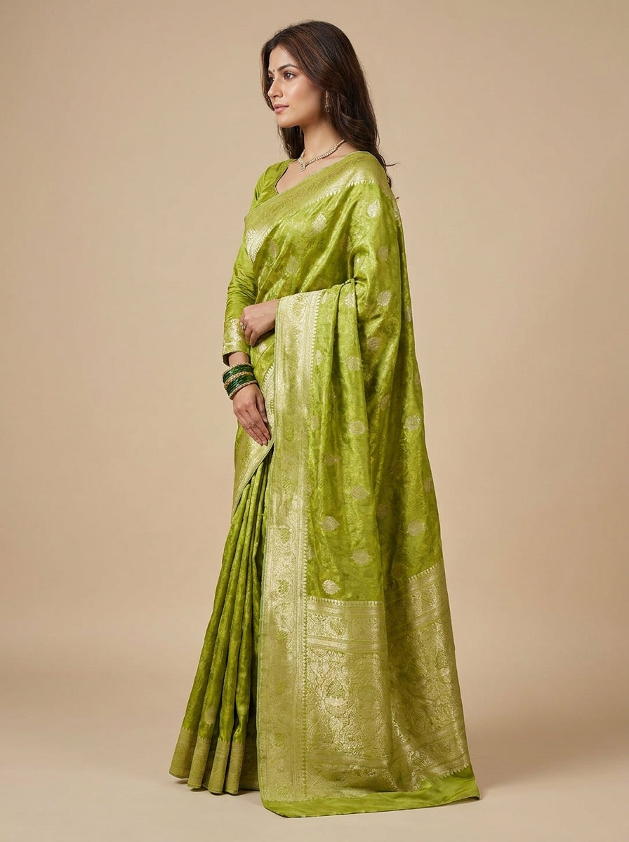 Olive Green Banarasi Silk Saree with Silver Zari Weave