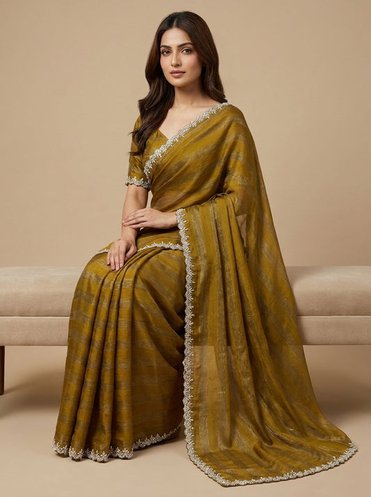 Mustard Raw Silk Saree with Pearl & Crystal Border Embroidery