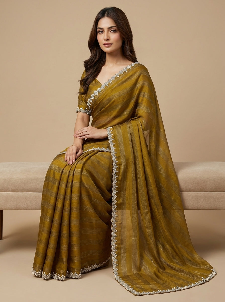 Mustard Raw Silk Saree with Pearl & Crystal Border Embroidery