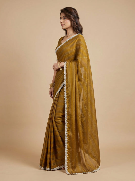 Mustard Raw Silk Saree with Pearl & Crystal Border Embroidery