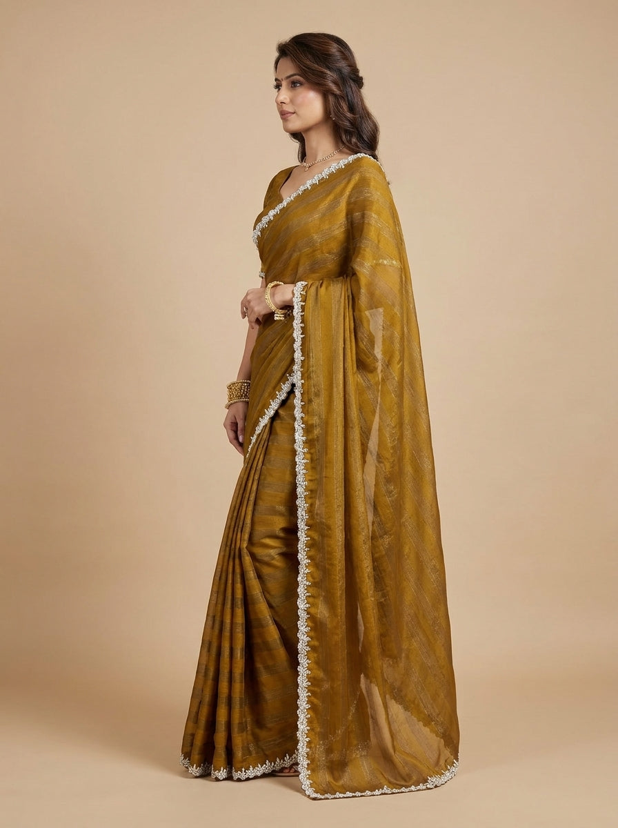 Mustard Raw Silk Saree with Pearl & Crystal Border Embroidery
