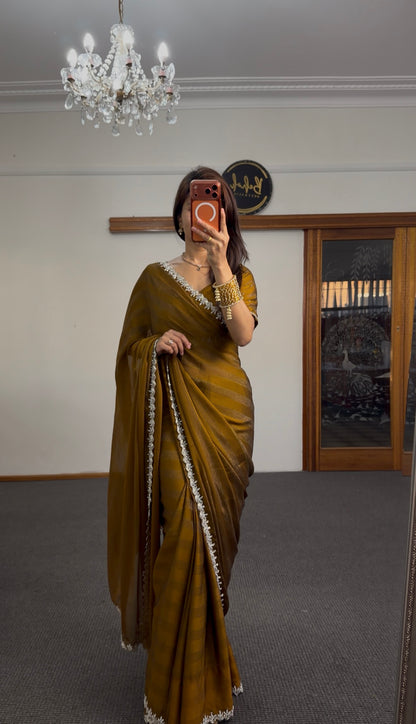 Mustard Raw Silk Saree with Pearl & Crystal Border Embroidery