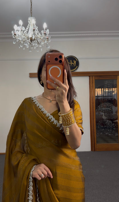 Mustard Raw Silk Saree with Pearl & Crystal Border Embroidery
