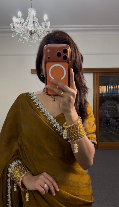 Mustard Raw Silk Saree with Pearl & Crystal Border Embroidery