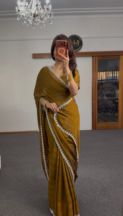 Mustard Raw Silk Saree with Pearl & Crystal Border Embroidery