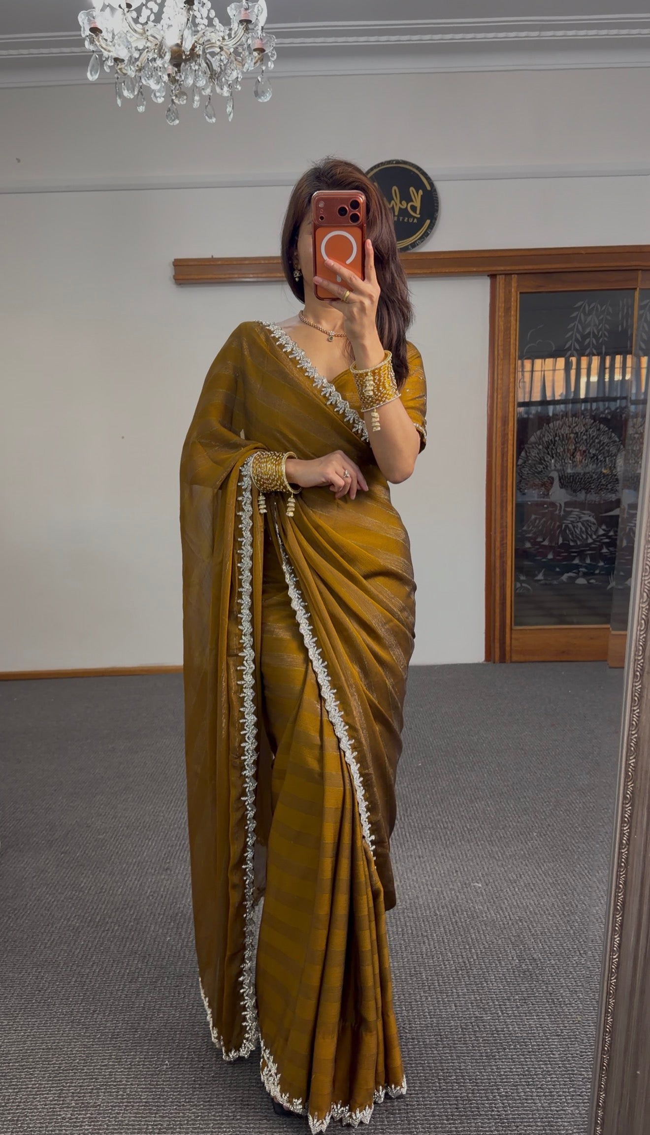 Mustard Raw Silk Saree with Pearl & Crystal Border Embroidery