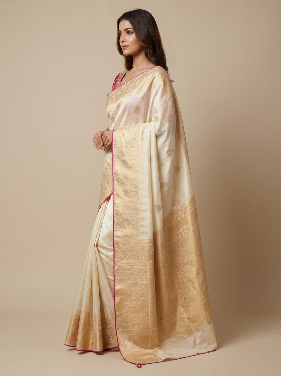 Ivory Banarasi Silk Saree with Gold Zari Weave & Fuchsia Border
