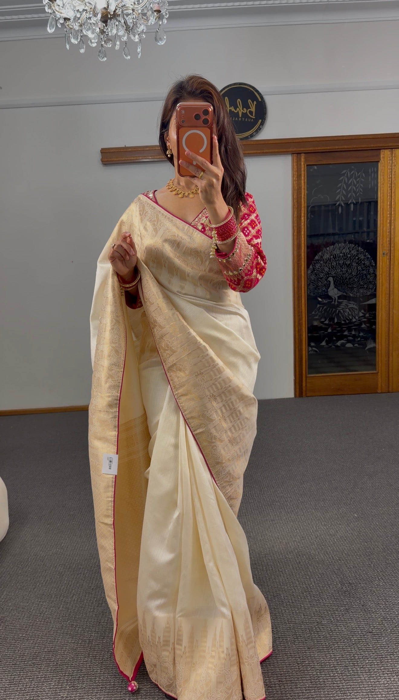 Ivory Banarasi Silk Saree with Gold Zari Weave & Fuchsia Border