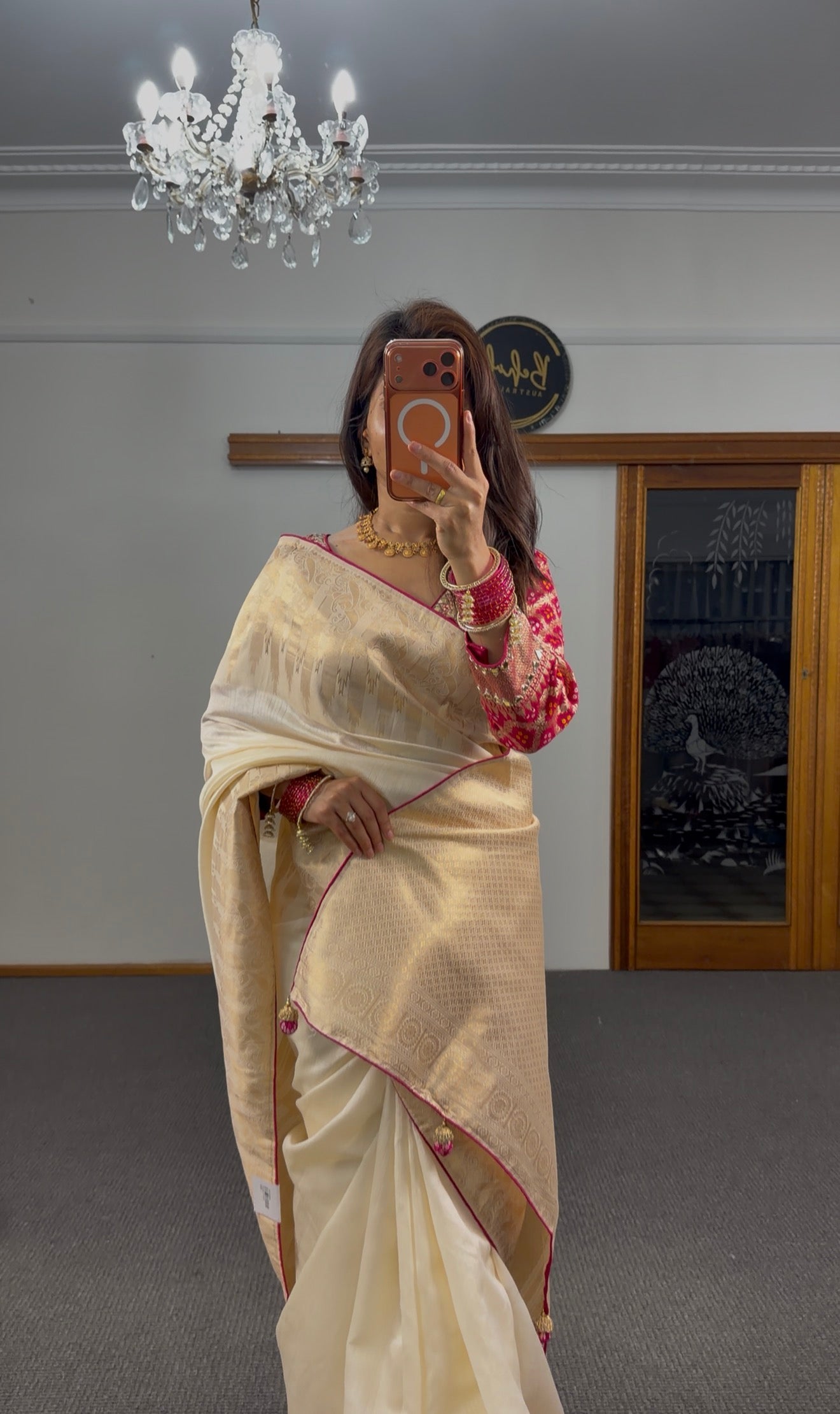Ivory Banarasi Silk Saree with Gold Zari Weave & Fuchsia Border