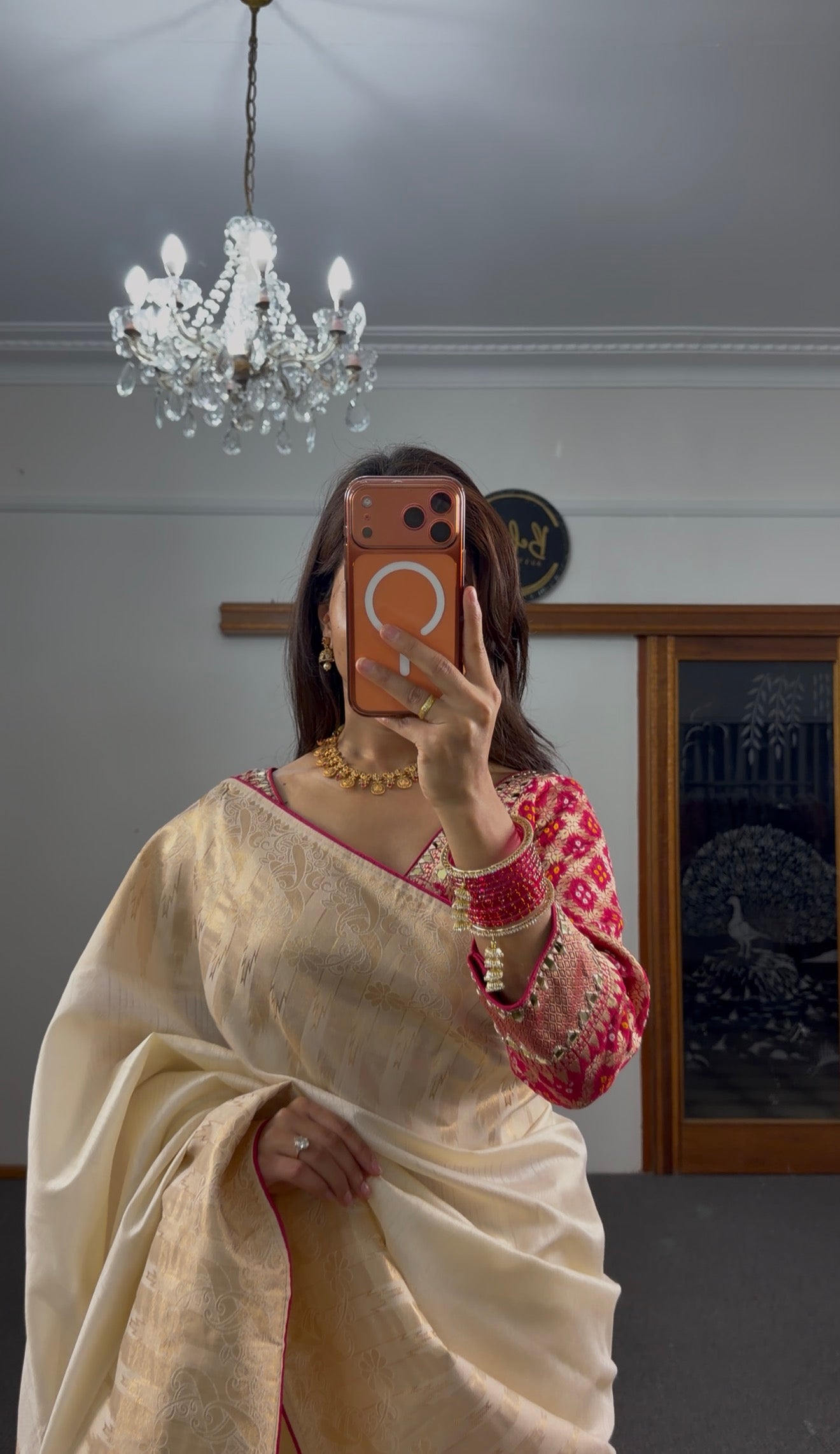 Ivory Banarasi Silk Saree with Gold Zari Weave & Fuchsia Border