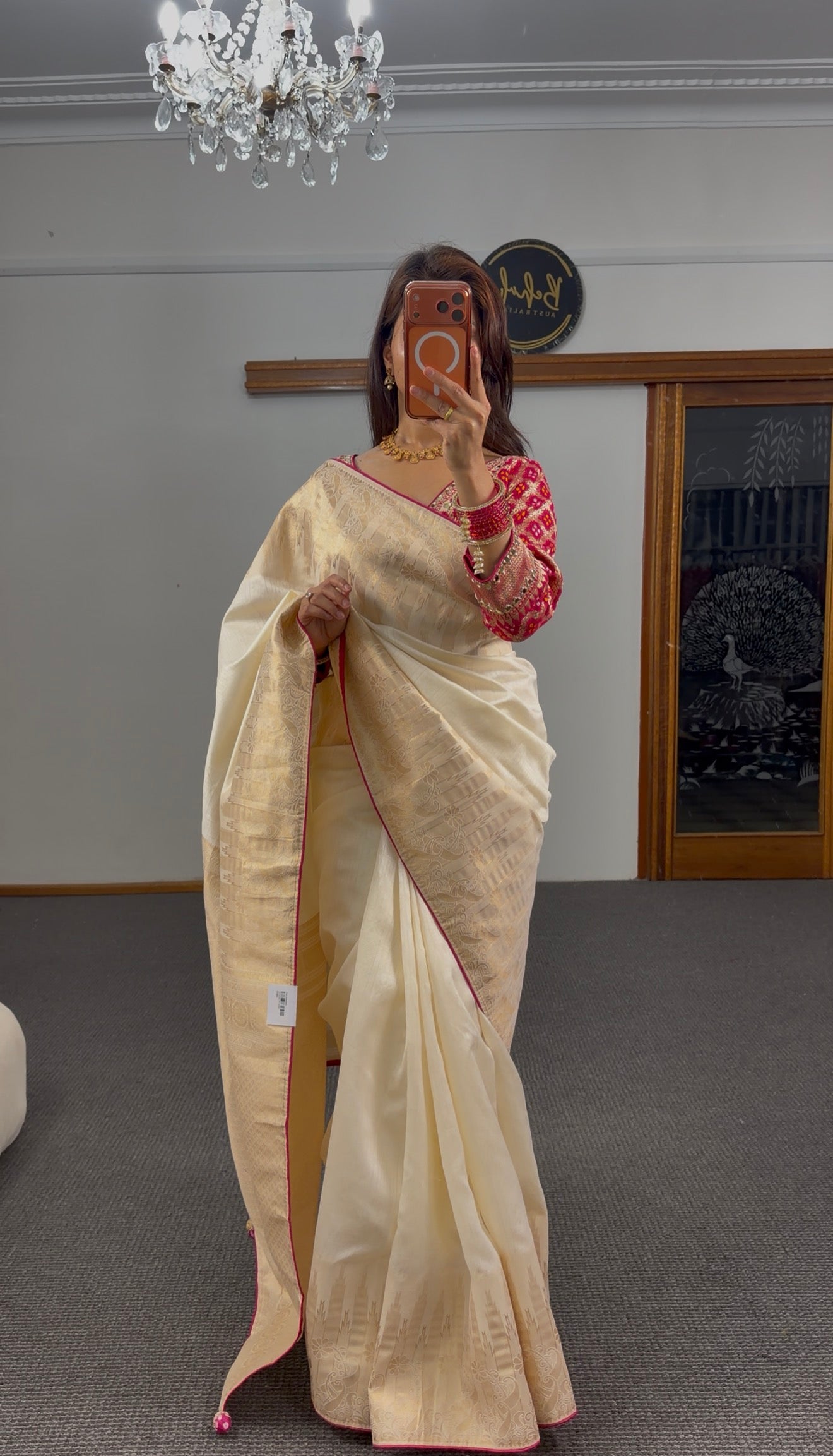 Ivory Banarasi Silk Saree with Gold Zari Weave & Fuchsia Border