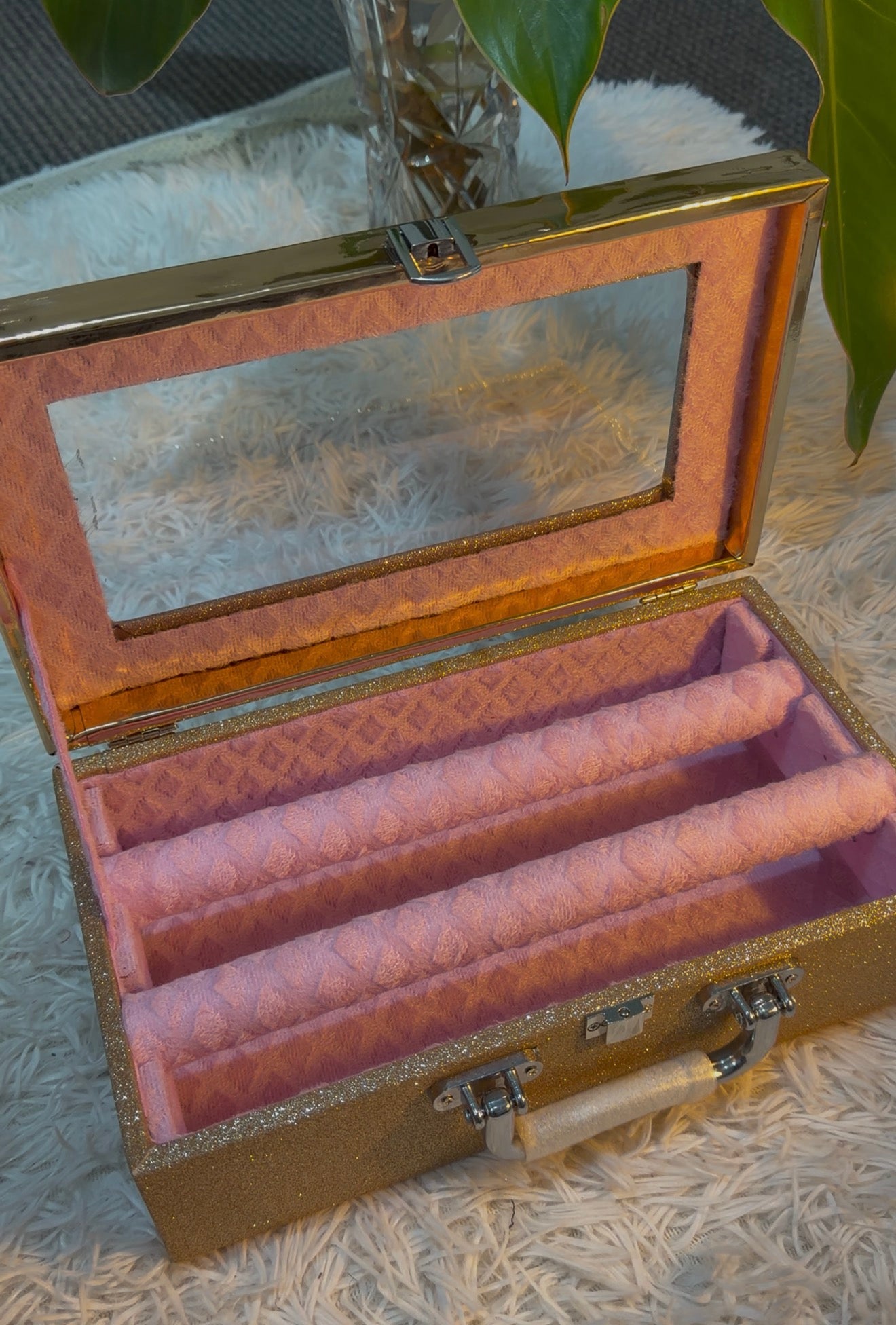 Gold Glitter 2-Rod Bangle Storage Box with Clear Lid