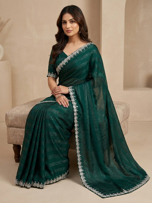 Emerald Green Shimmer Saree with Silver Cutdana Border
