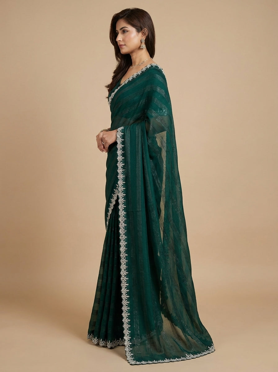Emerald Green Shimmer Saree with Silver Cutdana Border