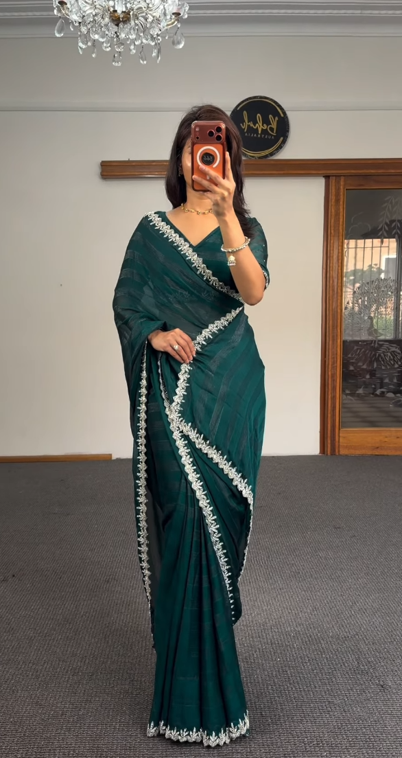 Emerald Green Shimmer Saree with Silver Cutdana Border