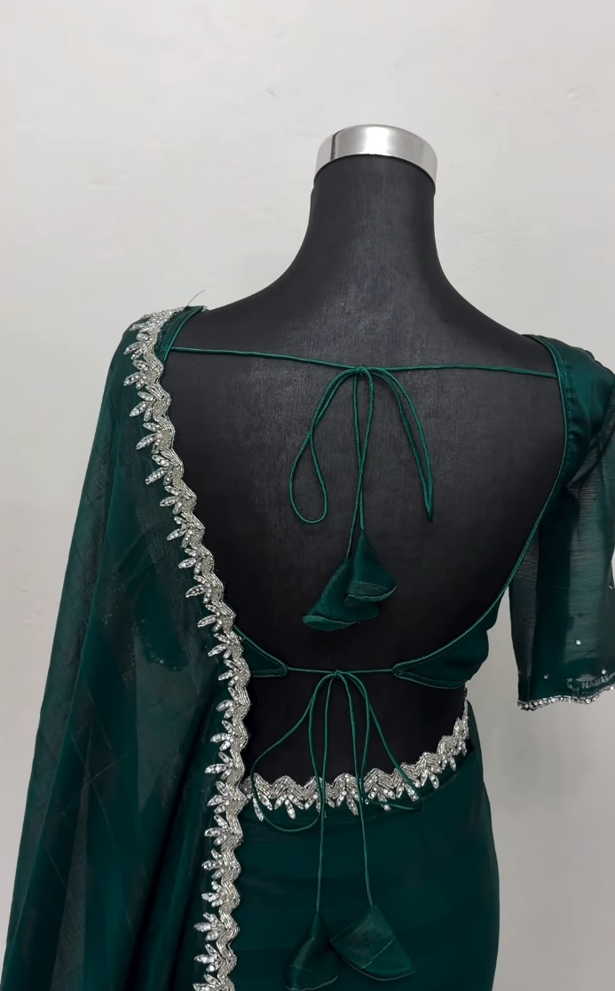 Emerald Green Shimmer Saree with Silver Cutdana Border