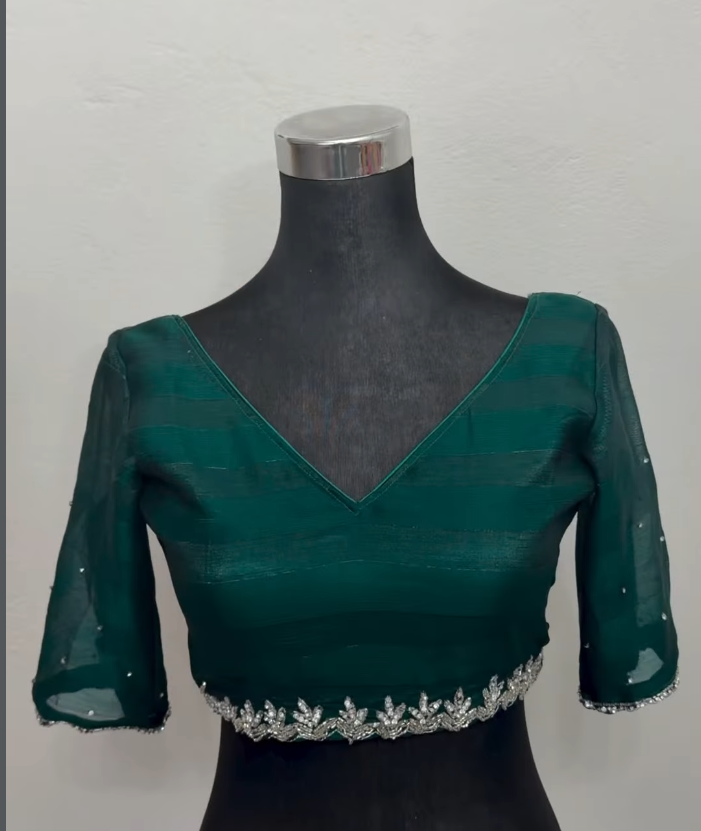 Emerald Green Shimmer Saree with Silver Cutdana Border