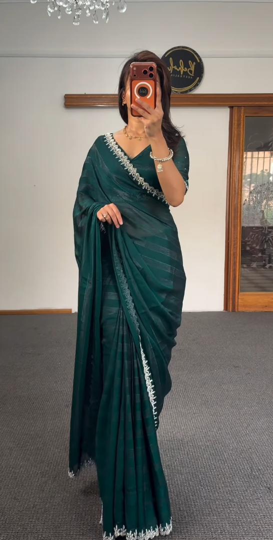 Emerald Green Shimmer Saree with Silver Cutdana Border