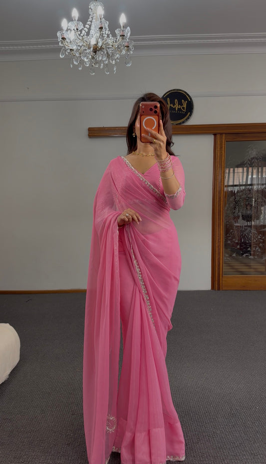 Pink Silver Shimmer Silk Saree