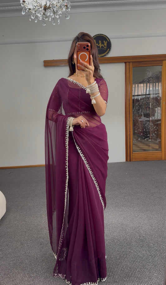 Plum Pearl Shimmer Silk Saree