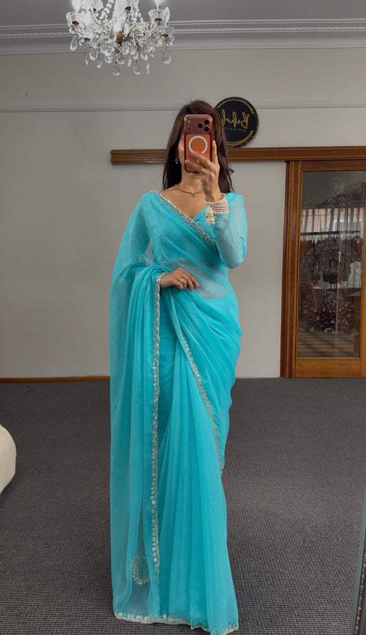 Blue Silver Shimmer Silk Saree