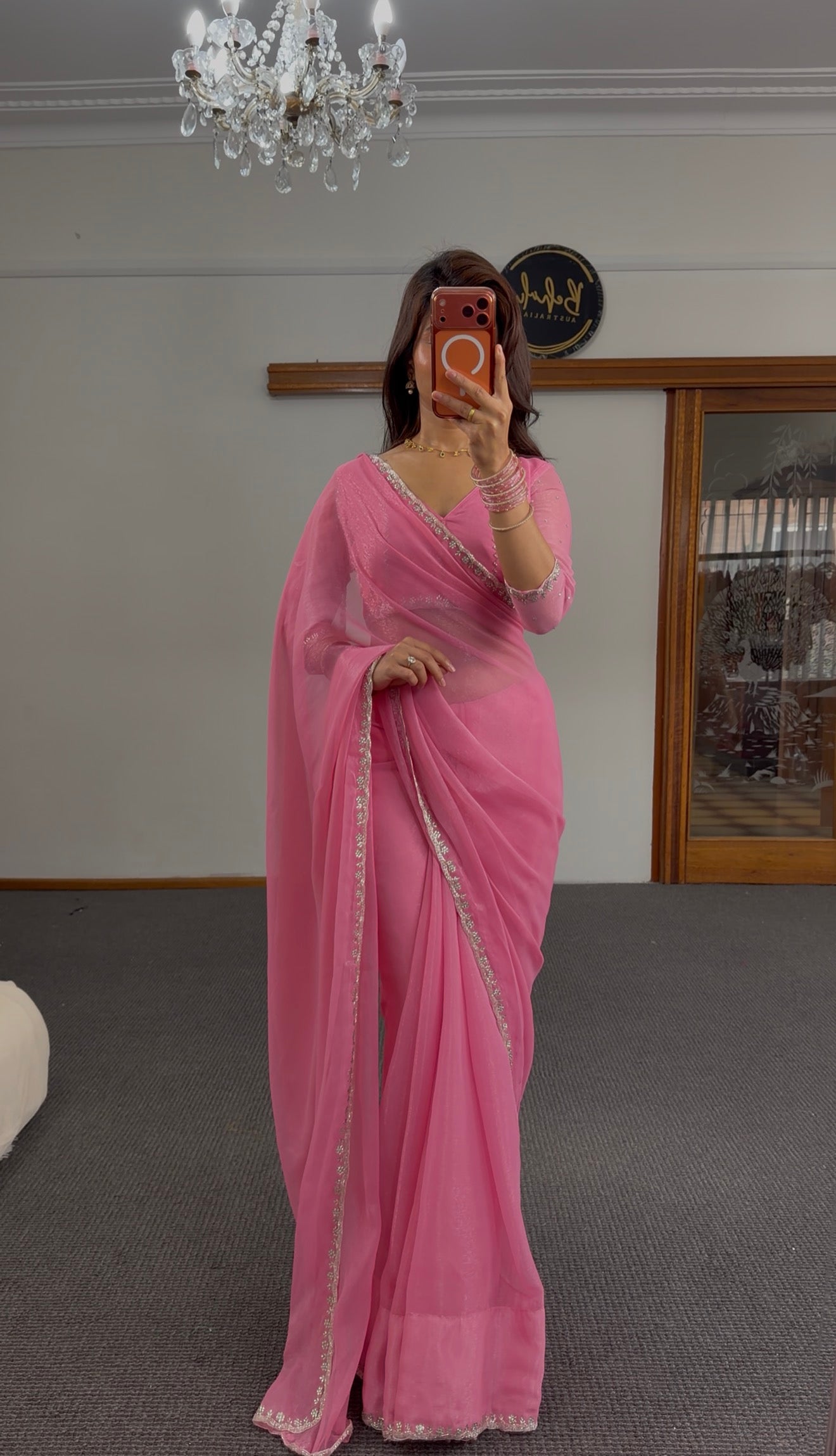 Pink Silver Shimmer Silk Saree