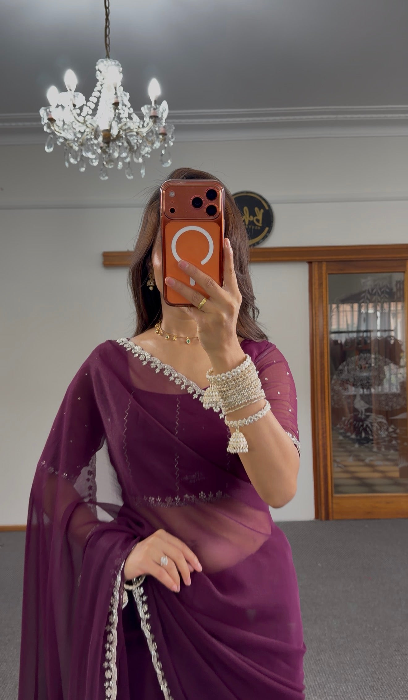 Plum Pearl Shimmer Silk Saree