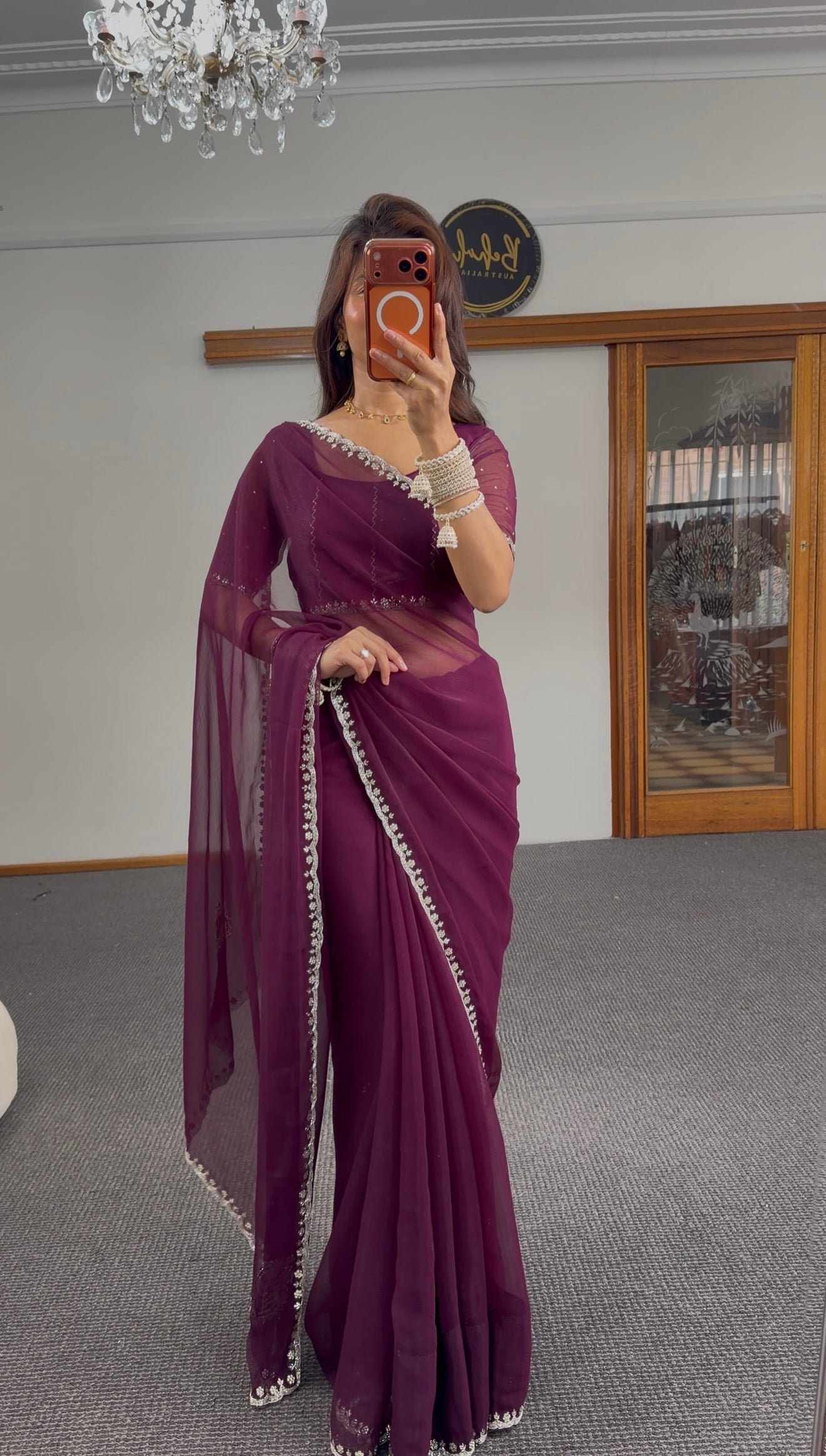 Plum Pearl Shimmer Silk Saree