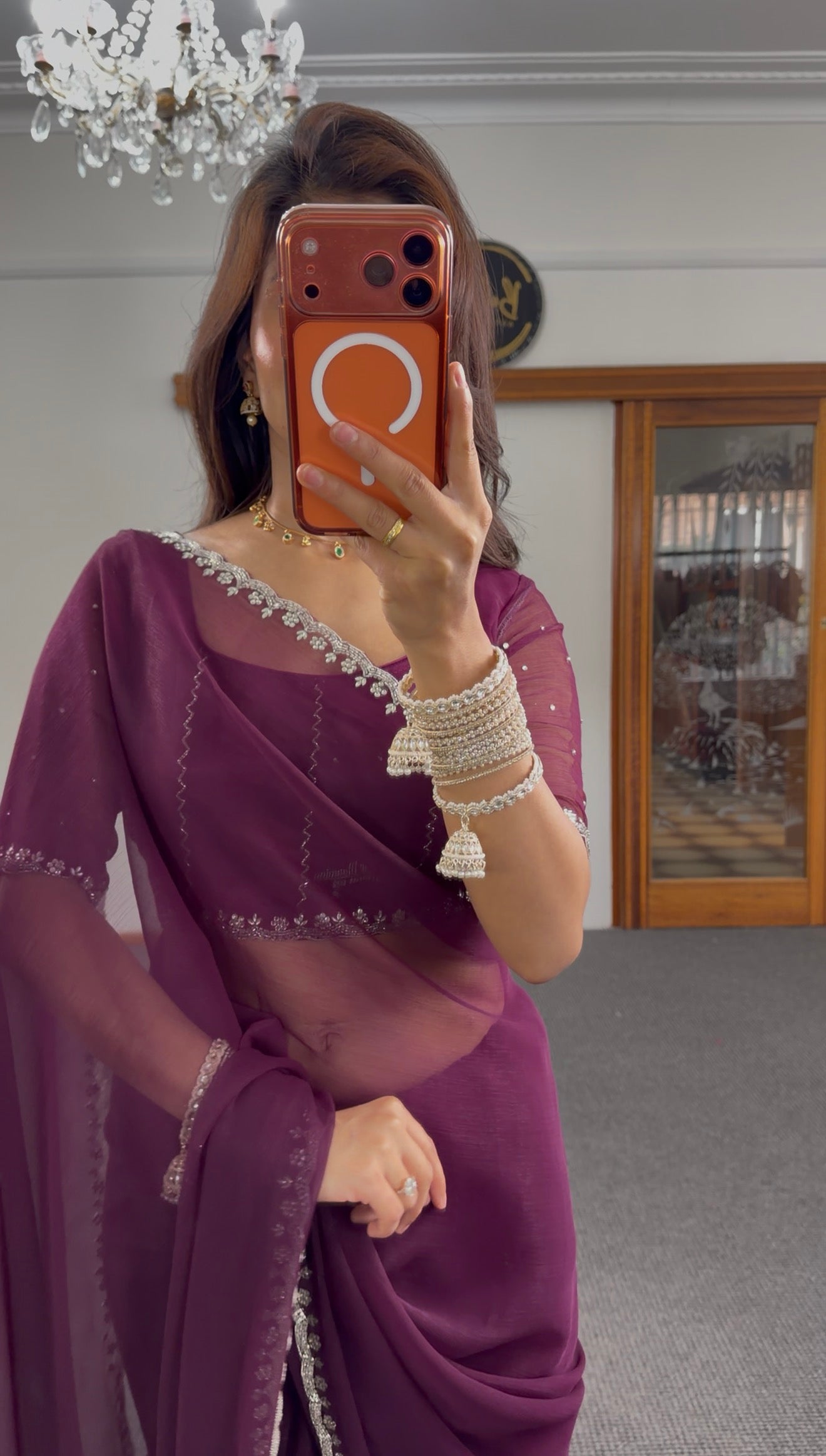 Plum Pearl Shimmer Silk Saree