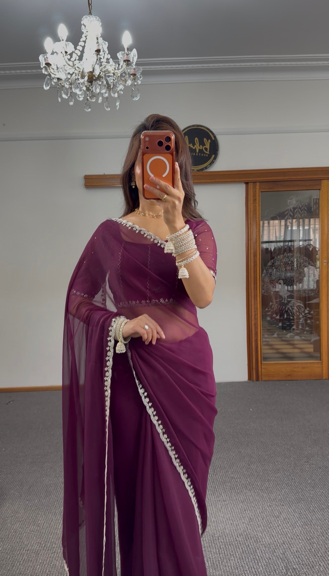 Plum Pearl Shimmer Silk Saree