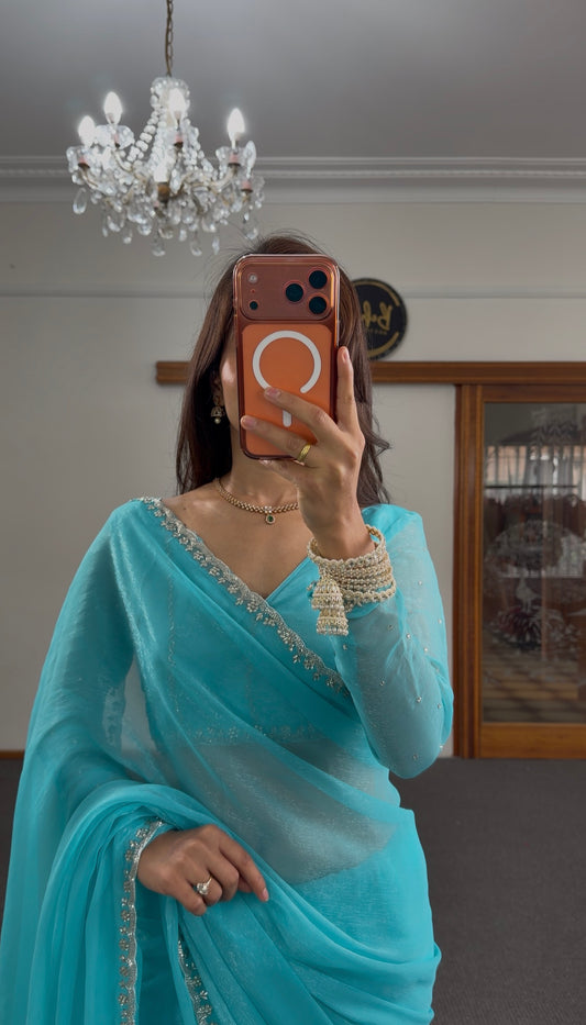 Blue Silver Shimmer Silk Saree
