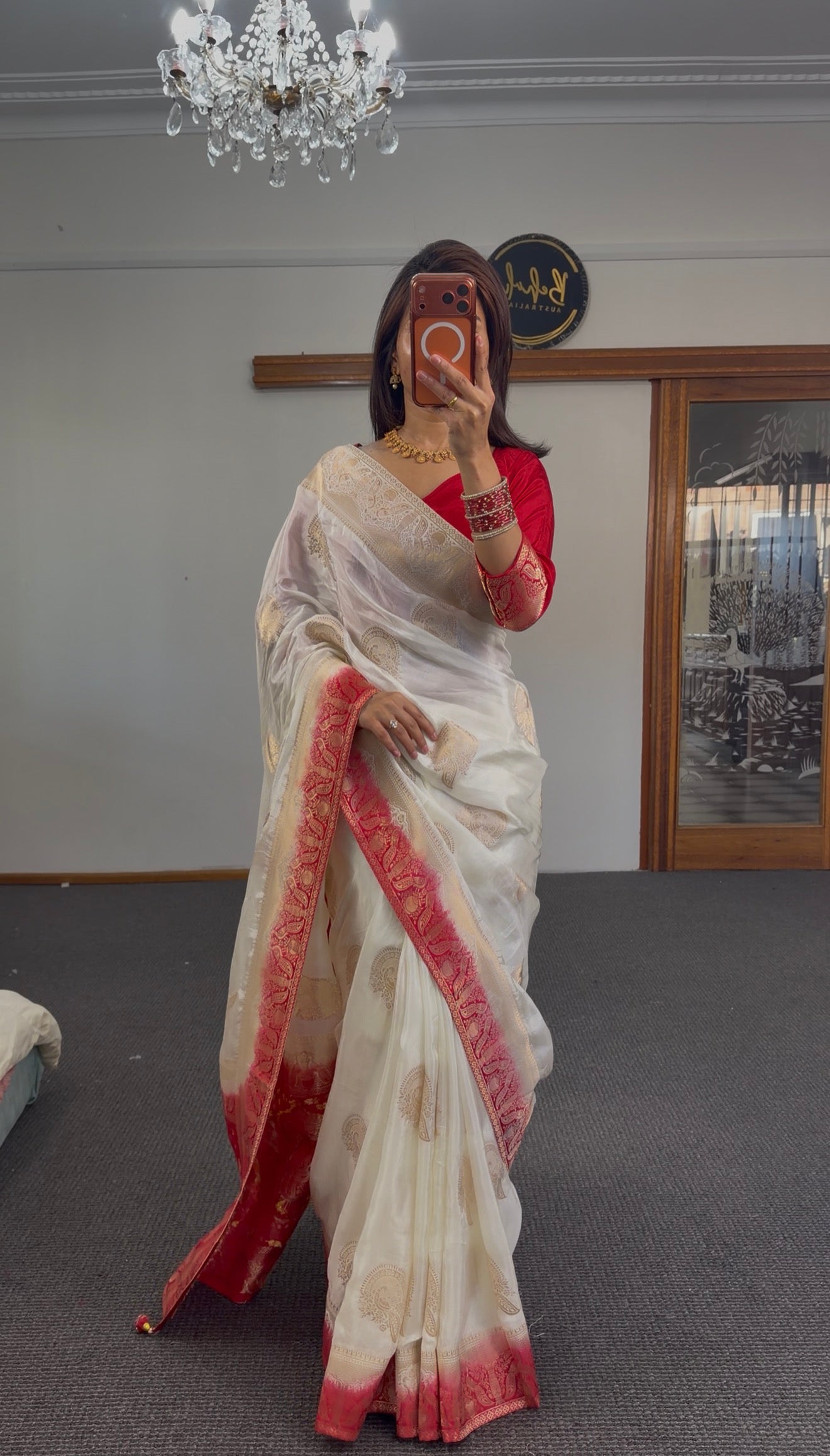 Ivory Woven Silk Saree with Red Blouse Set