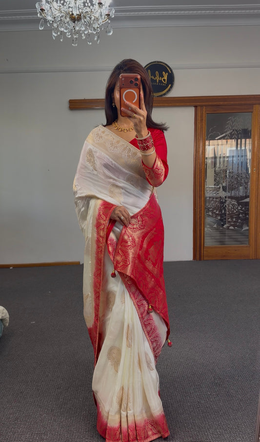 Ivory Woven Silk Saree with Red Blouse Set