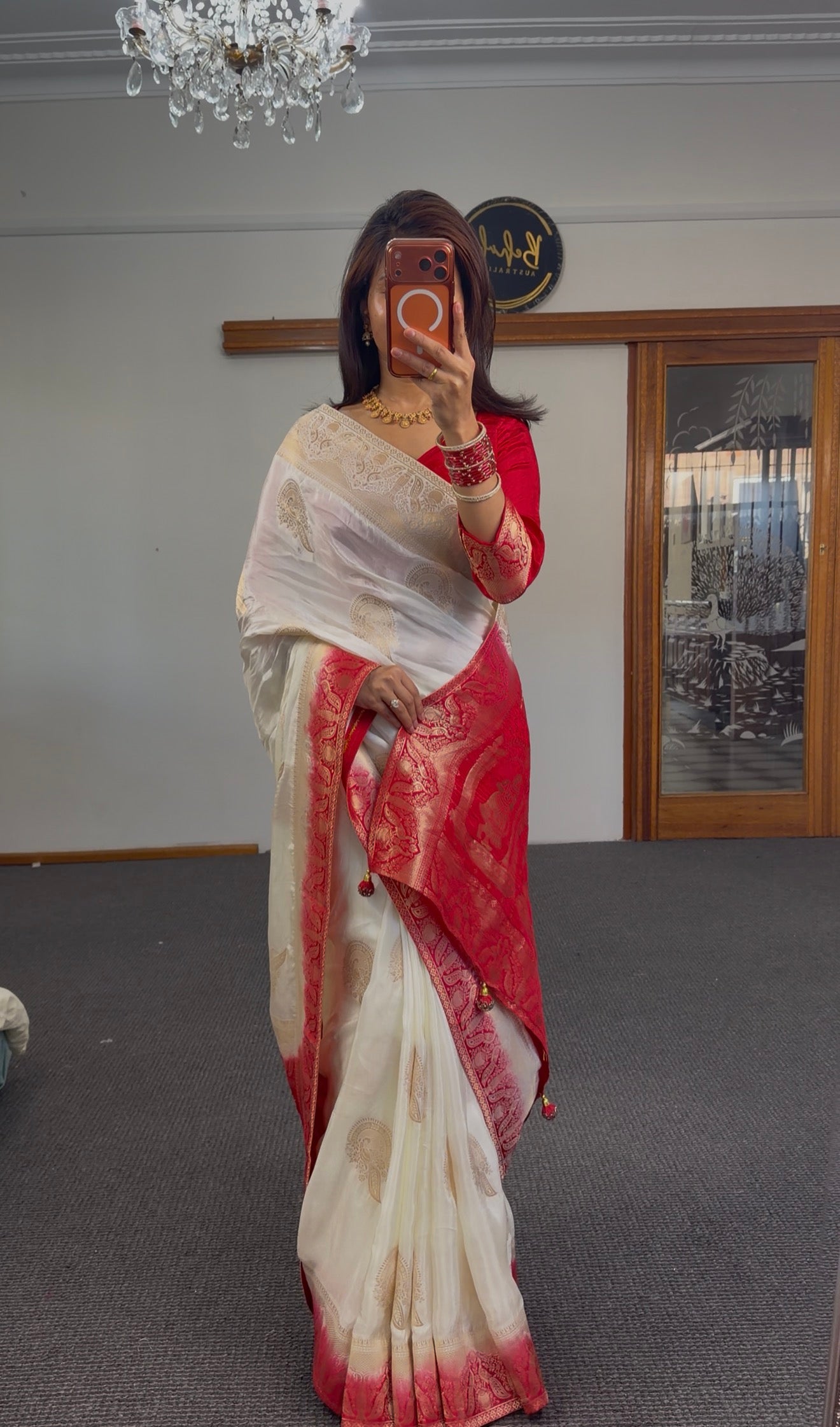 Ivory Woven Silk Saree with Red Blouse Set