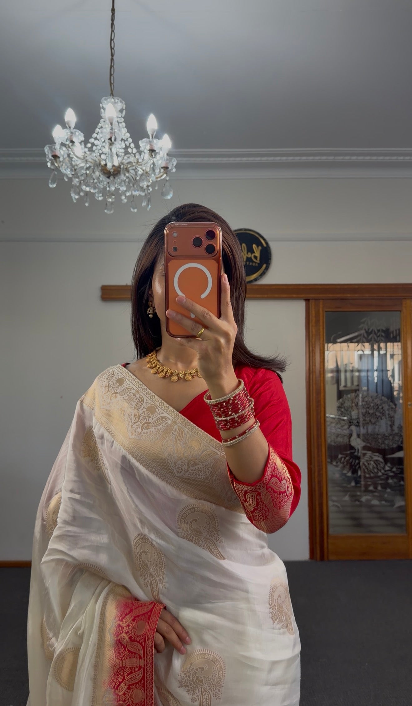 Ivory Woven Silk Saree with Red Blouse Set