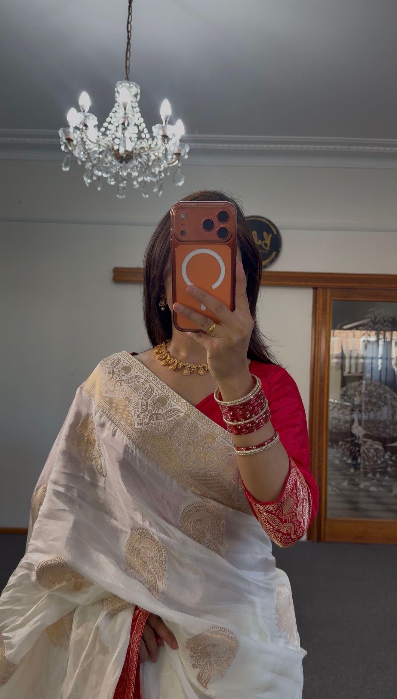 Ivory Woven Silk Saree with Red Blouse Set