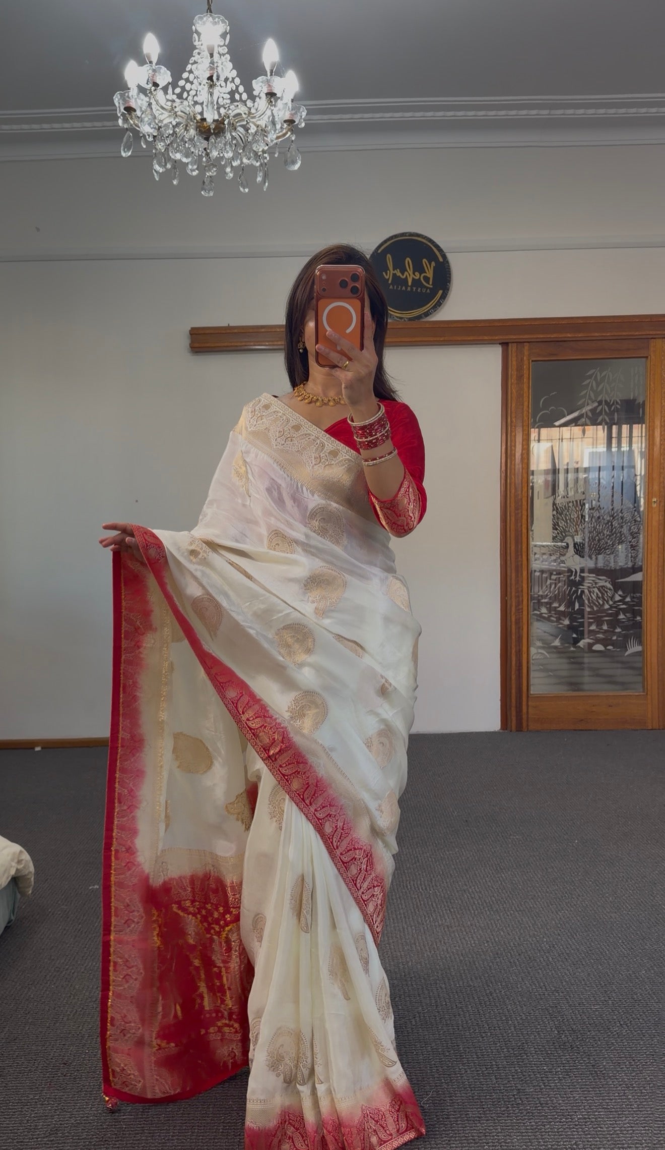 Ivory Woven Silk Saree with Red Blouse Set
