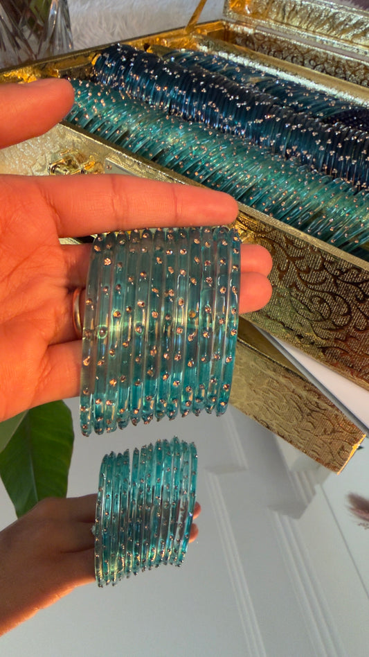 Teal Glass Bangles with Rhinestone Detailing – Set of 12