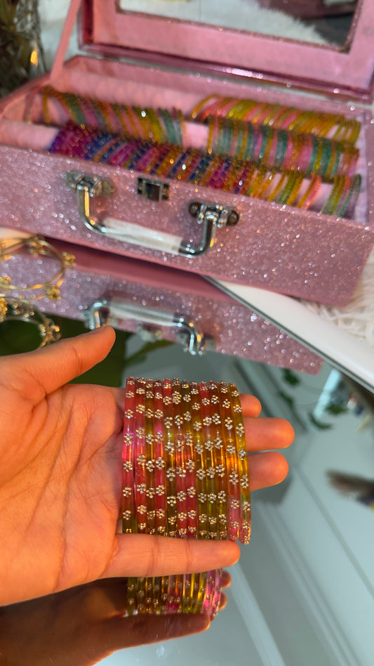Multicolour Glass Bangles Set of 12 with Floral Rhinestone Detail