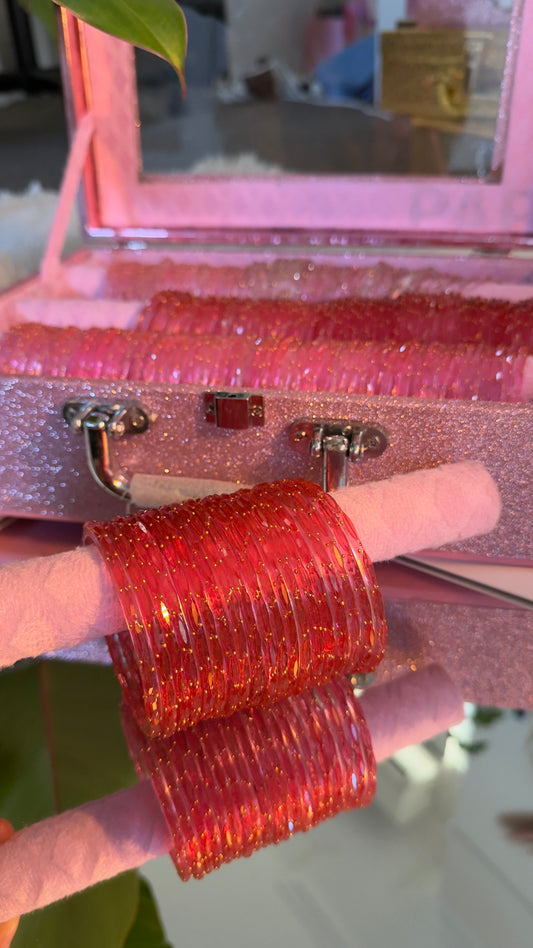 Red Glitter Glass Bangles Set of 12 | Festive Churis