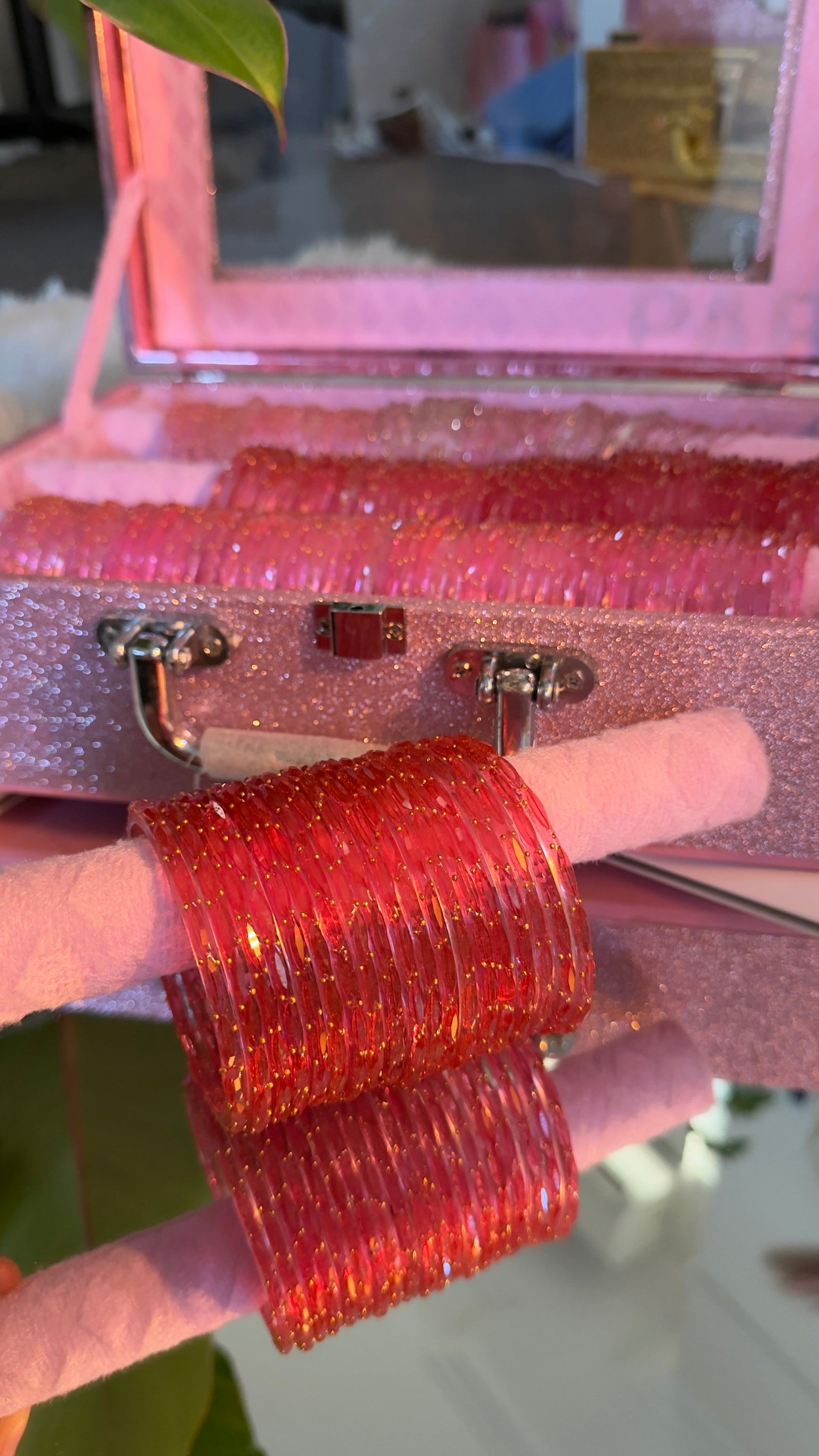 Red Glitter Glass Bangles Set of 12 | Festive Churis