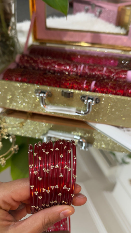 Ruby Red Glass Bangles Set of 12 with Crystal Floral Detailing