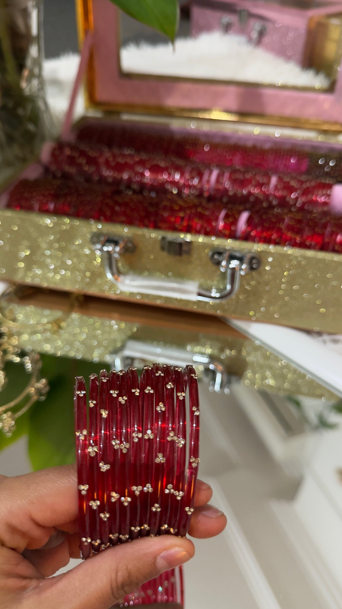 Ruby Red Glass Bangles Set of 12 with Crystal Floral Detailing