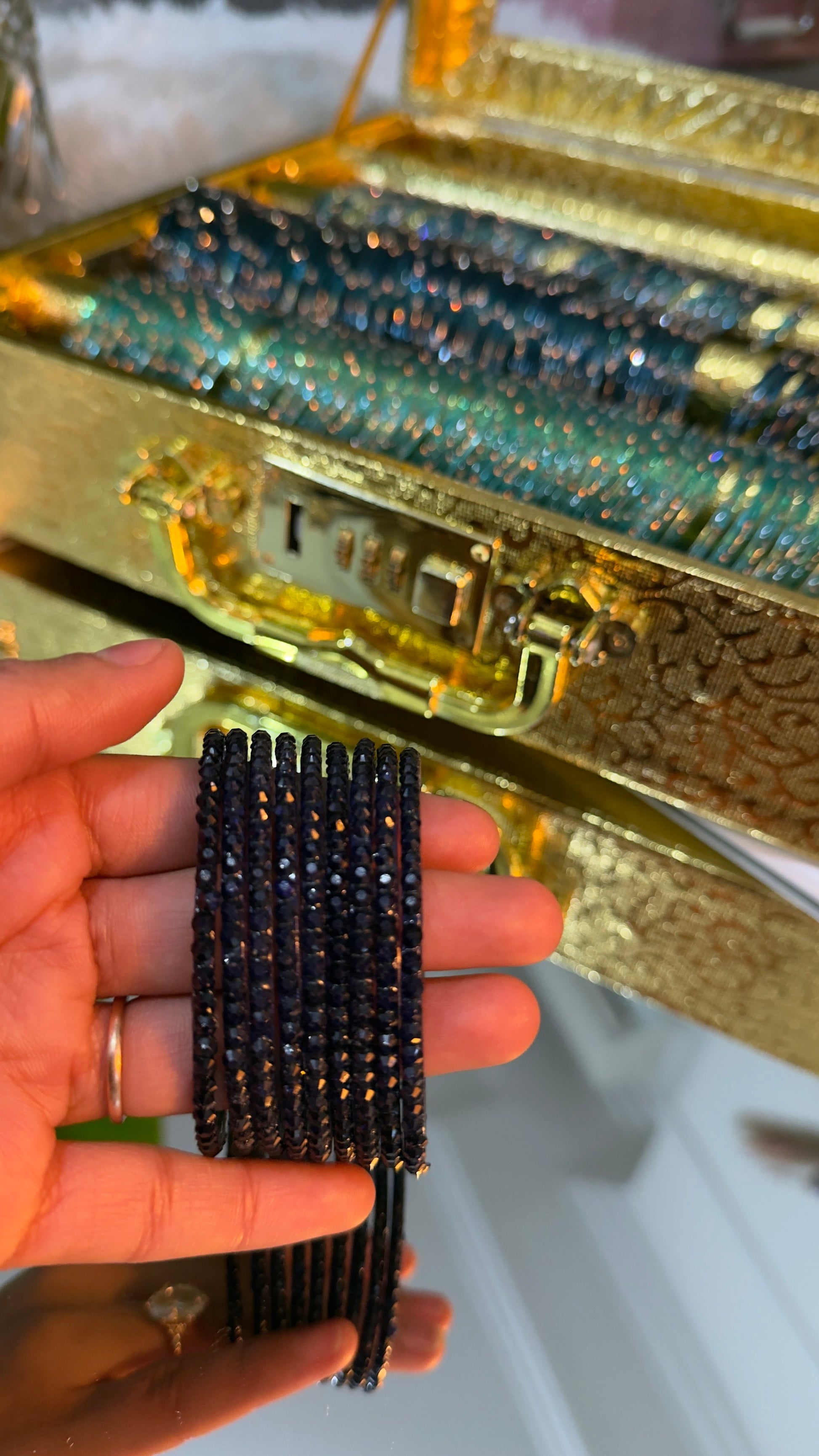 Dark Blue Glass Bangles Set of 12 | Faceted Beaded