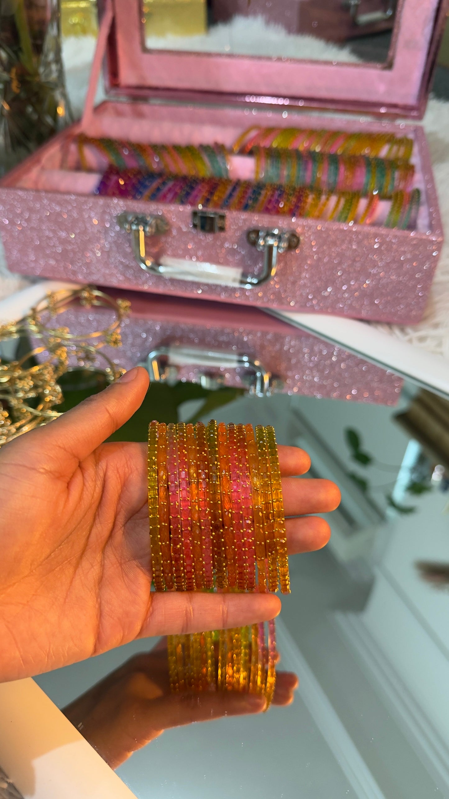 Gold & Pink Glass Bangles Set of 12 — Festive South Asian
