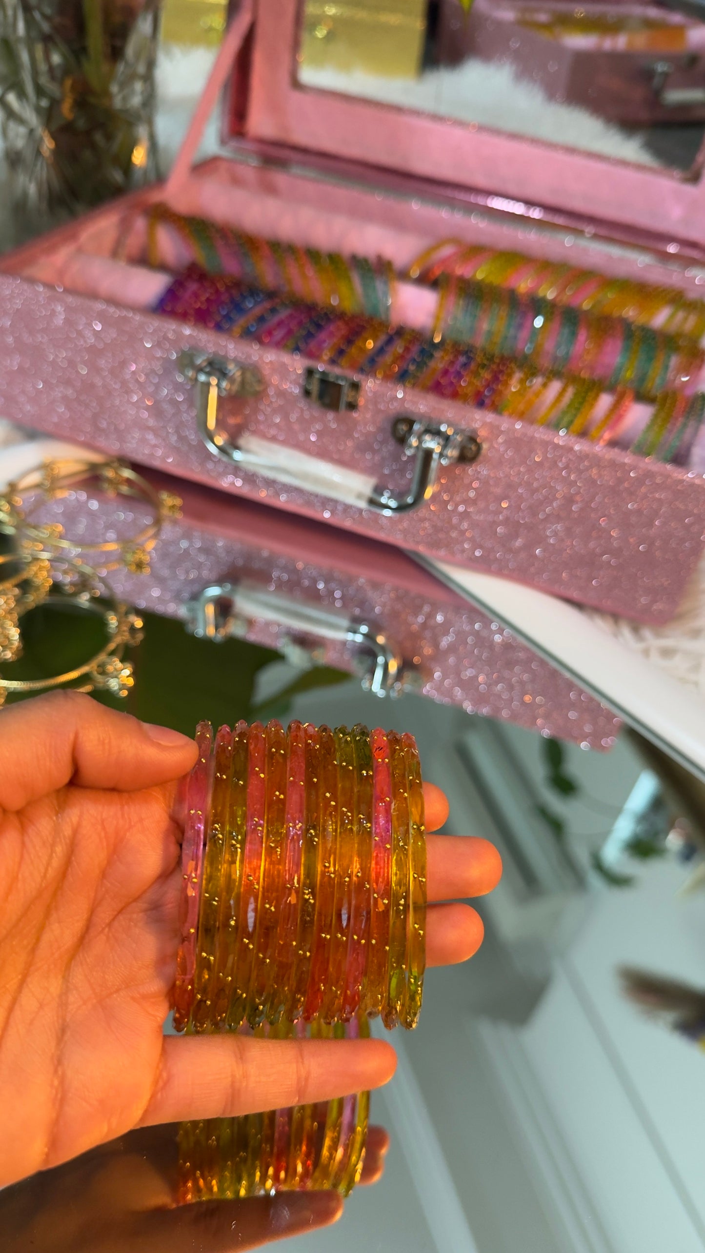 Amber & Pink Glitter Glass Bangles Set of 12 Pieces